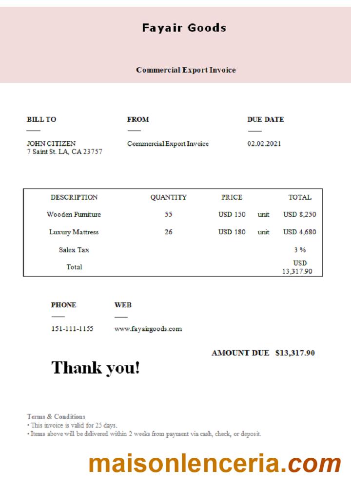 USA Fayair towary faktury Word i PDF szablon